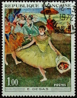 Почтовая марка. "Танцовщица с букетом салютует", Эдгар Дега. 1970 год, Франция.