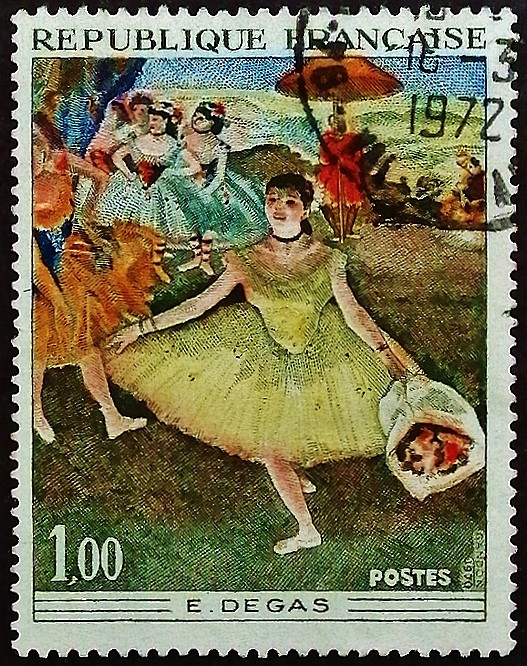 Почтовая марка. "Танцовщица с букетом салютует", Эдгар Дега. 1970 год, Франция.