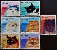 Набор почтовых марок (7 шт.). "Домашние кошки". 1986 год, Вьетнам.