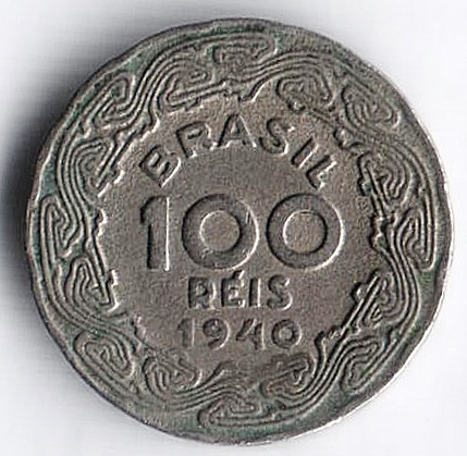 Монета 100 рейсов. 1940 год, Бразилия.