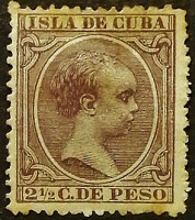 Почтовая марка (2⅟₂ c.). "Король Альфонсо XIII". 1894 год, Куба.