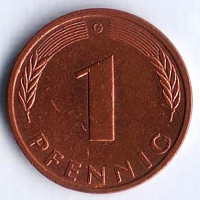 Монета 1 пфенниг. 1989(G) год, ФРГ.