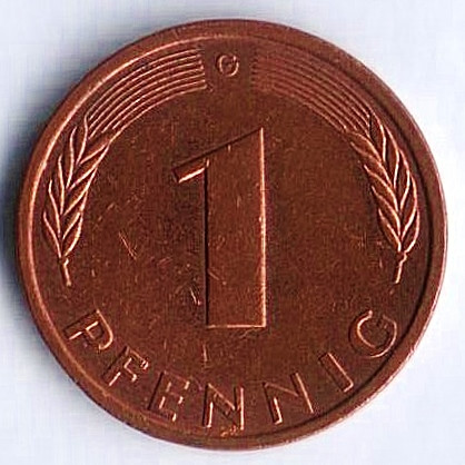 Монета 1 пфенниг. 1989(G) год, ФРГ.