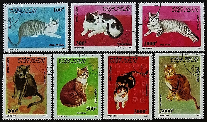 Набор почтовых марок (7 шт.). "Международная выставка почтовых марок BELGICA'90 (Брюссель) - Кошки". 1990 год, Вьетнам.