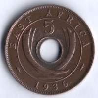 Монета 5 центов. 1936(H) год, Британская Восточная Африка.