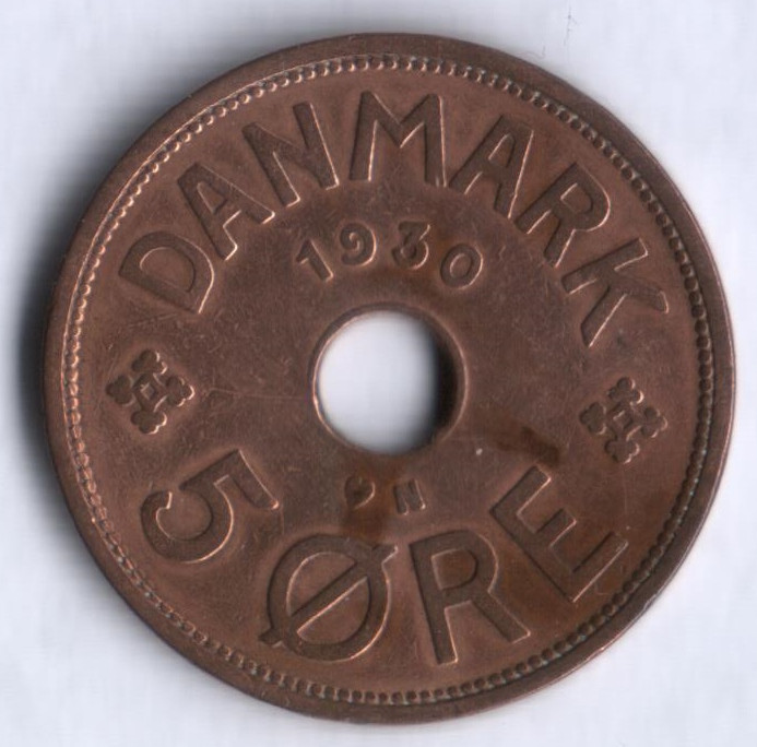 Монета 5 эре. 1930 год, Дания. N;GJ.