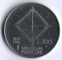 Монета 100 лир. 1974 год, Италия. 100 лет со дня рождения Гульельмо Маркони.