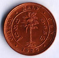 Монета 1/2 цента. 1937 год, Цейлон.