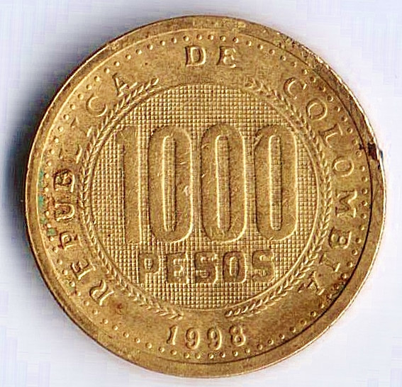 Монета 1000 песо. 1998 год, Колумбия.