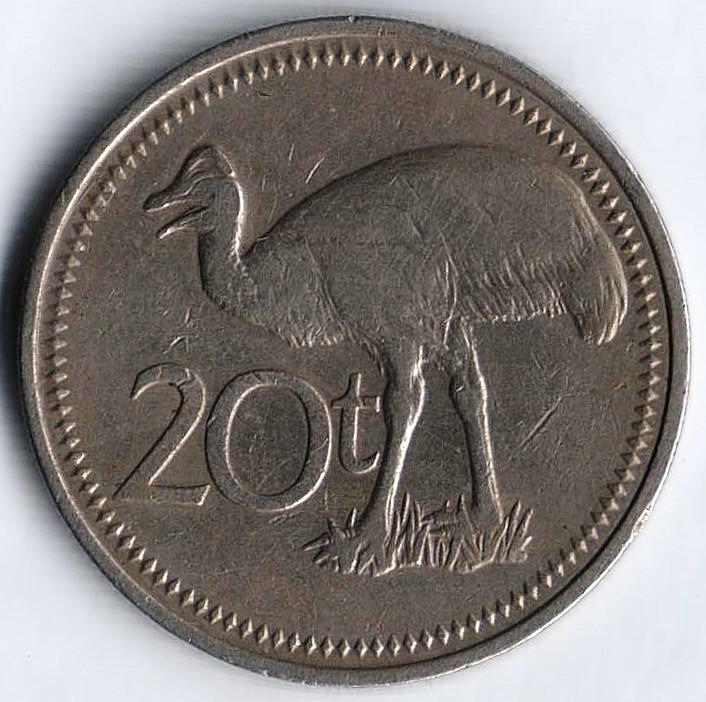 Монета 20 тойа. 1975 год, Папуа-Новая Гвинея.