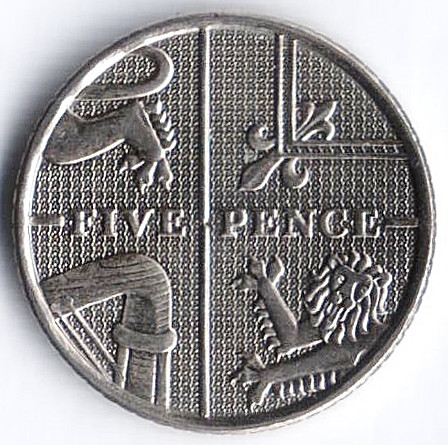 Монета 5 пенсов. 2008 год, Великобритания.