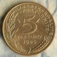 Монета 5 сантимов. 1985 год, Франция.