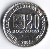 Монета 20 боливаров. 2001 год, Венесуэла. Тип 1.
