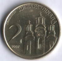 Монета 2 динара. 2007 год, Сербия.