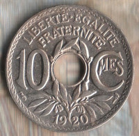 Монета 10 сантимов. 1920 год, Франция. Тип Линдауэра.