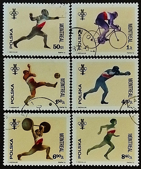 Набор почтовых марок (6 шт.) с блоком. "Летние Олимпийские игры - Монреаль`1976". 1976 год, Польша.