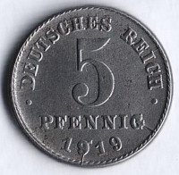 Монета 5 пфеннигов. 1919 год (J), Германская империя.