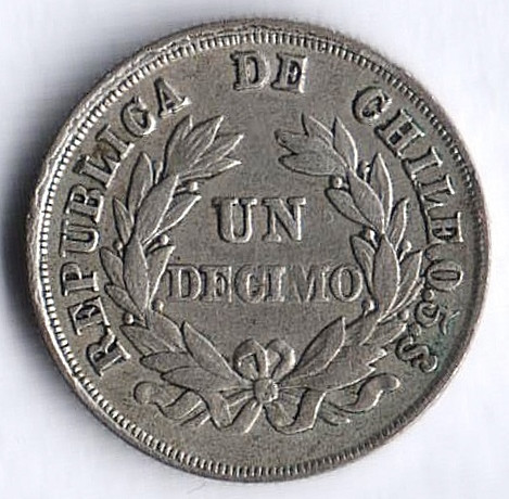 Монета 1 десимо. 1881 год, Чили.
