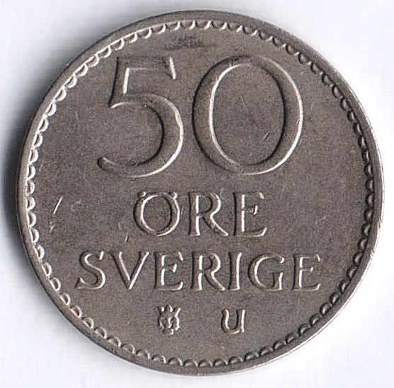 Монета 50 эре. 1962(U) год, Швеция.
