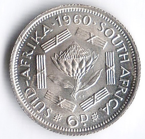 Монета 6 пенсов. 1960 год, Южная Африка.