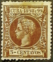 Почтовая марка (3 c.). "Король Альфонсо XIII". 1898 год, Куба.