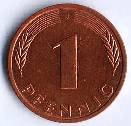 Монета 1 пфенниг. 1989(J) год, ФРГ.