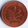 Монета 1 пфенниг. 1989(J) год, ФРГ.