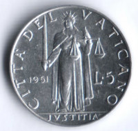 Монета 5 лир. 1951 год, Ватикан.