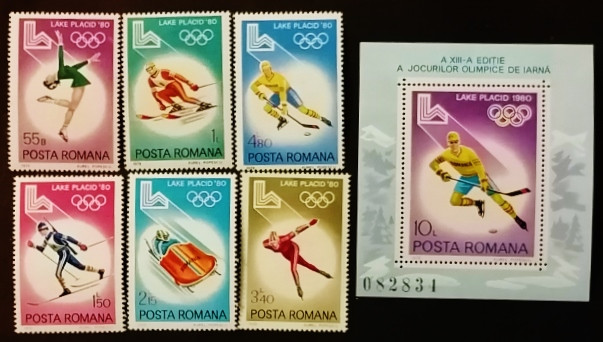 Набор почтовых марок  (6 шт.) с мини-блоком. " 13 зимние олимпийские игры в Лейк Плейсиде". 1979 год, Румыния.
