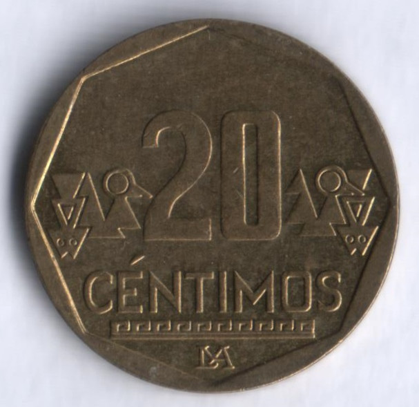 Монета 20 сентимо. 2010 год, Перу.
