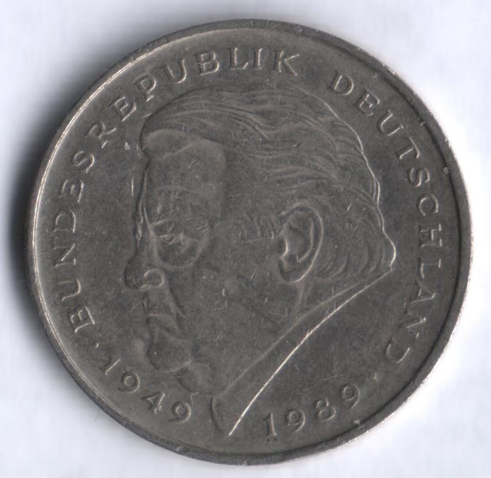 Монета 2 марки. 1991 год (A), ФРГ. Йозеф Штраус.