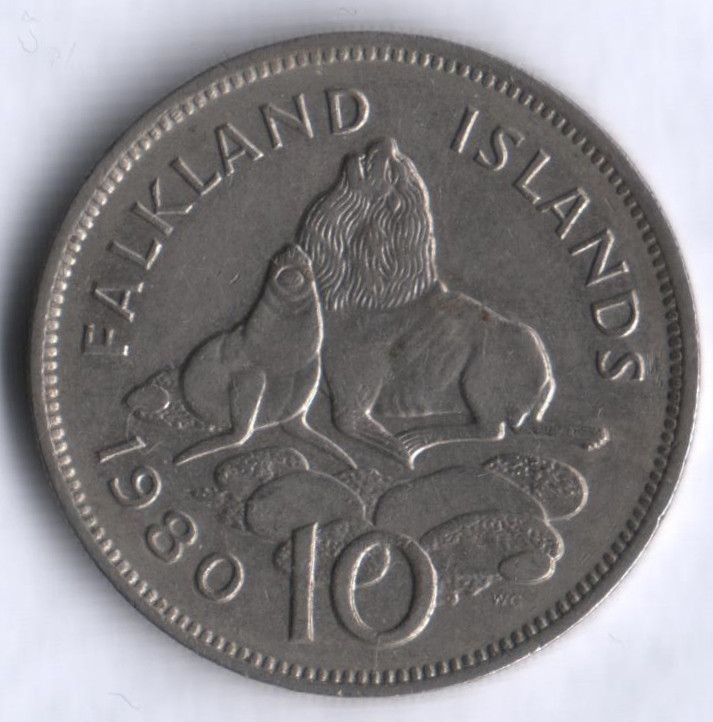 Монета 10 пенсов. 1980 год, Фолклендские острова.