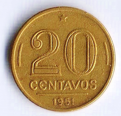 Монета 20 сентаво. 1951 год, Бразилия.