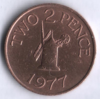 Монета 2 пенса. 1977 год, Гернси.