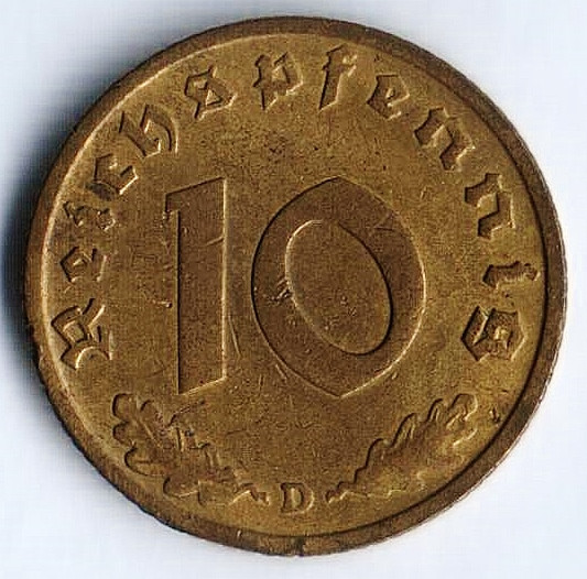 Монета 10 рейхспфеннигов. 1938 год (D), Третий Рейх.