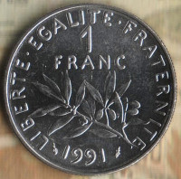 Монета 1 франк. 1991 год, Франция. Монета 1 франк. 1991 год, Франция.