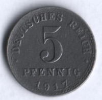 Монета 5 пфеннигов. 1917 год (A), Германская империя.