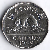 Монета 5 центов. 1949 год, Канада.