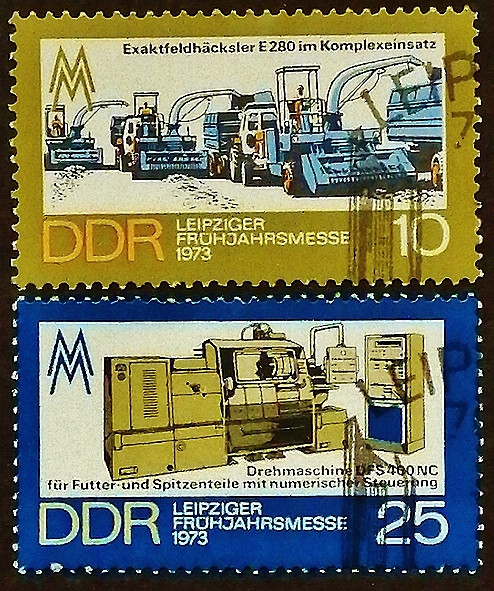 Набор почтовых марок (2 шт.). "Лейпцигская весенняя ярмарка". 1973 год, ГДР.