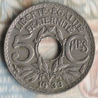 Монета 5 сантимов. 1933 год, Франция.