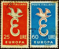 Набор почтовых марок (2 шт.). "Европа (C.E.P.T.)". 1958 год, Италия.