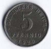Монета 5 пфеннигов. 1920 год (A), Германская империя.