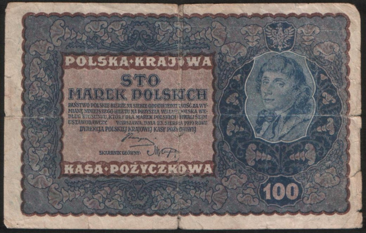 Бона 100 марок. 1919(L) год, Польская Республика.
