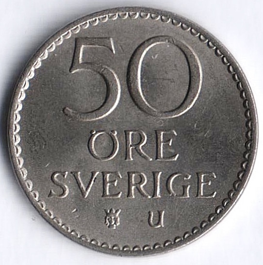 Монета 50 эре. 1963(U) год, Швеция.