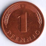 Монета 1 пфенниг. 1990(D) год, ФРГ.