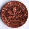 Монета 1 пфенниг. 1990(D) год, ФРГ.