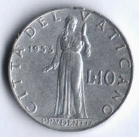 Монета 10 лир. 1953 год, Ватикан.