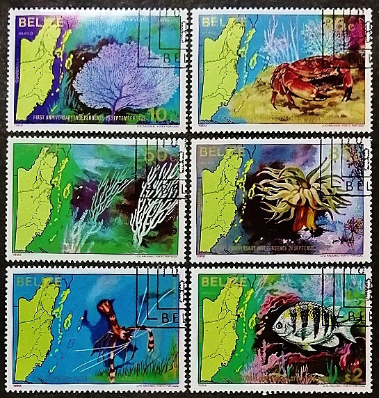 Набор почтовых марок (6 шт.). "1-я годовщина Независимости - Морские обитатели". 1982 год, Белиз.