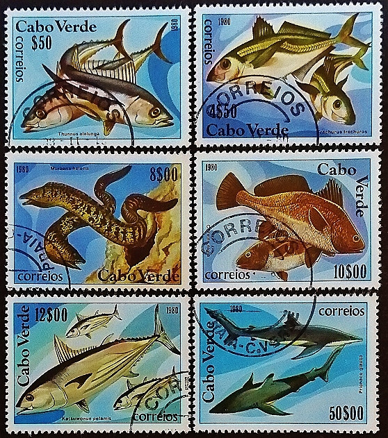 Набор почтовых марок (6 шт.). "Рыбы". 1980 год, Кабо-Верде.