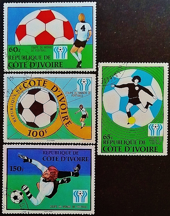 Набор почтовых марок (4 шт.). "Чемпионат мира по футболу ФИФА, Аргентина`1978". 1978 год, Кот д`Ивуар.